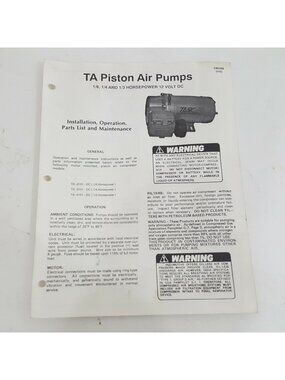 Thomas TA Piston Air Pump TA 2101 3101 4101 Install Operation Parts Maint Manual